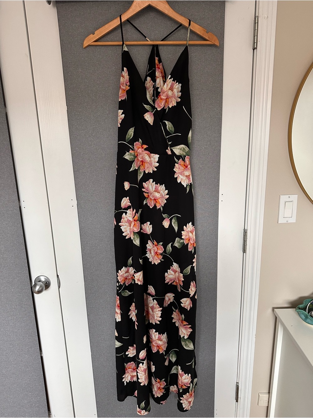 Lush Black Maxi Dress with Pink Floral Print